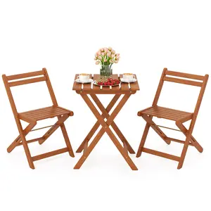 COSTWAY - 3 Piece Solid Wood Furniture Set with 2 Folding Chairs