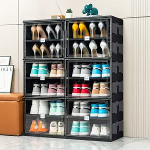 JEKO&JEKO 6 Tiers 24 Pairs Foldable Shoe Rack Organizer Cabinet for Closet Entryway, Large Collapsible Shoe Storage Box with Magnetic Doors (Black)