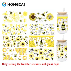 8 Piece UV Dtg Transfer Bee Sunflower Stickers, Waterproof Glass Cup DIY Packaging Decals, 9.5 X 4.3 Inches, Non-Toxic