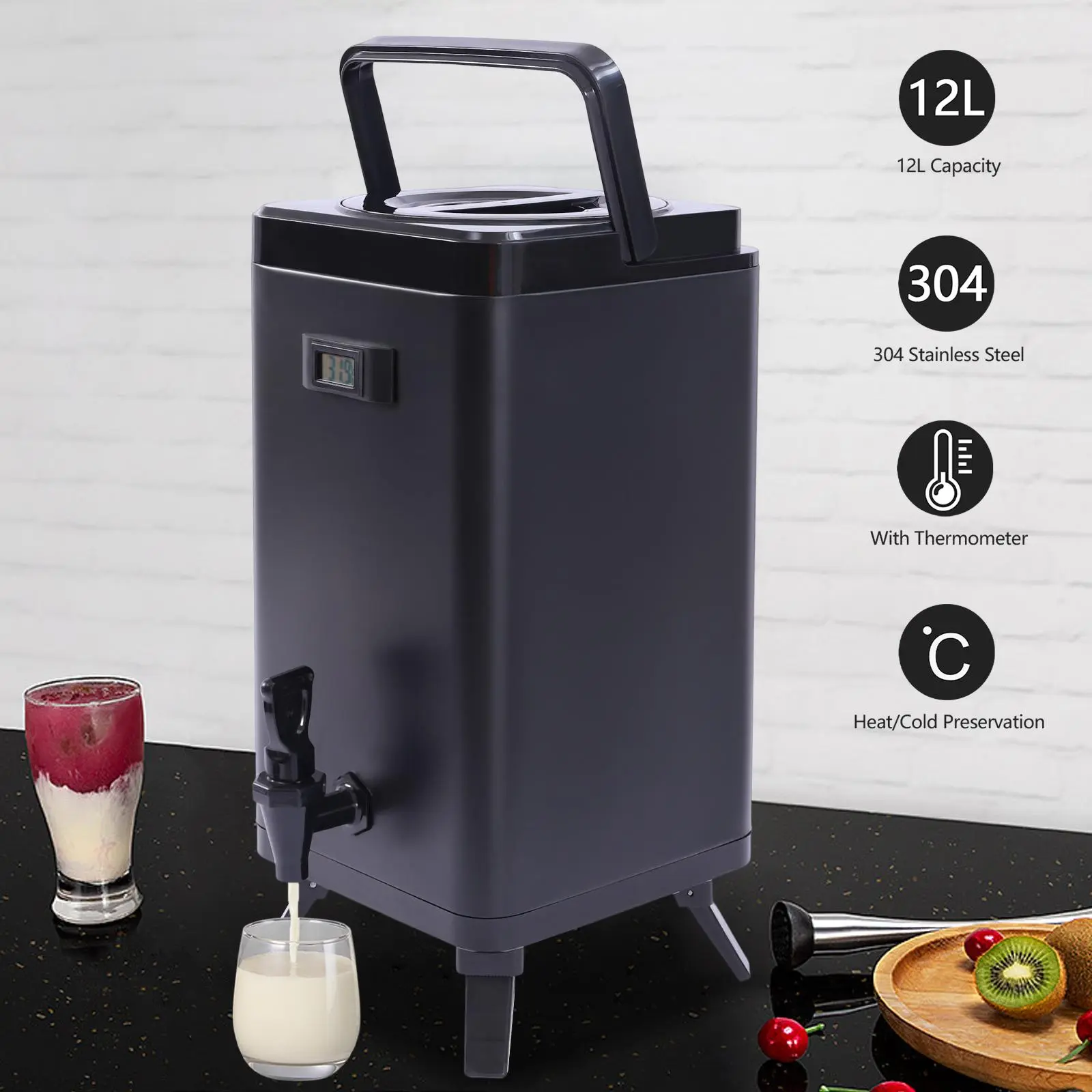 12L Square Insulated Beverage Dispenser with Faucet - 304 Stainless Steel & PU Foam Liners, Heat-Cold Keep for Coffee, Tea Events (Kitchenware), Pu Foam Liner
