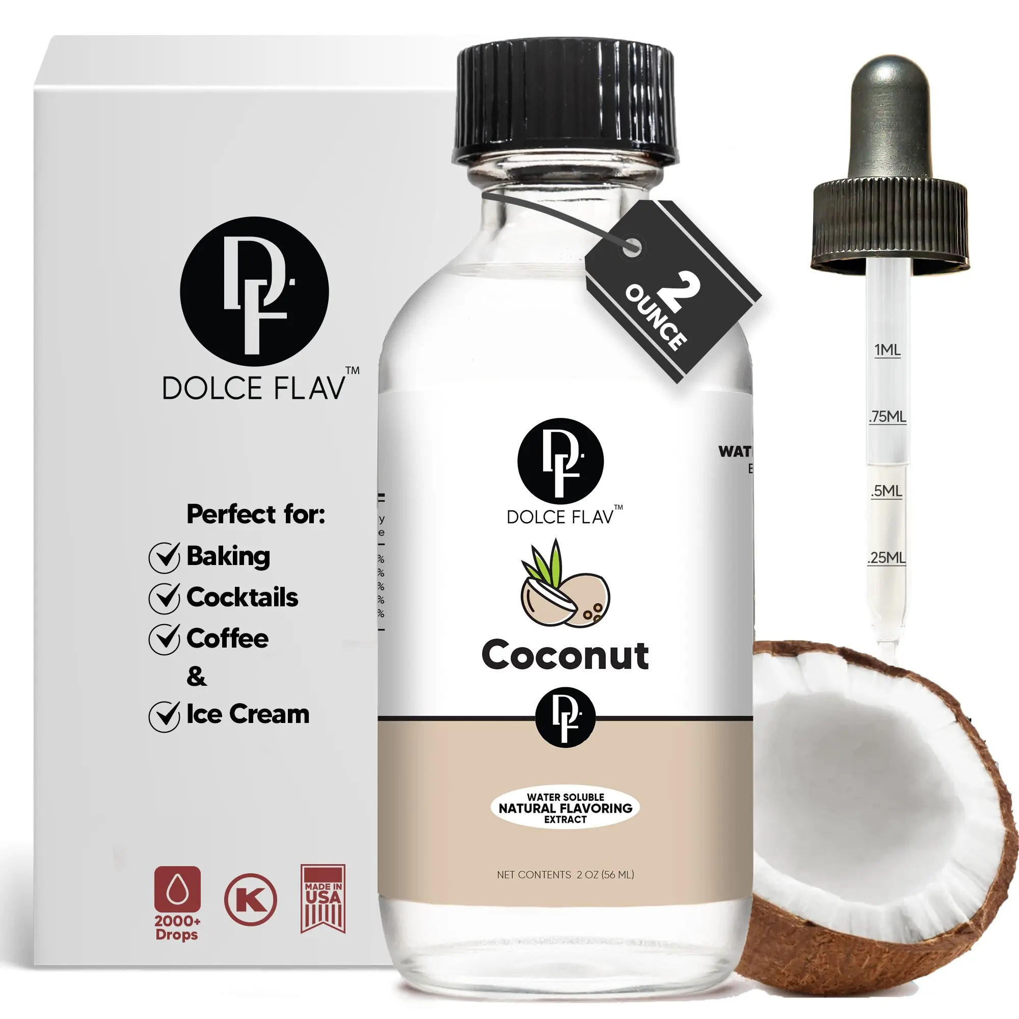 Dolce Flav Coconut Extract Water Soluble 2oz - 2000+ Drops Pure Natural Flavoring for Beverages Baked Goods & Sauces