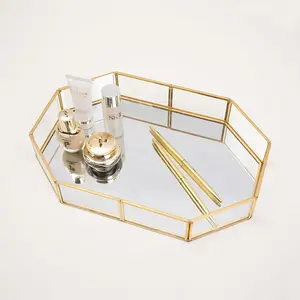 Mirror Glass Vanity Tray - Gold Ornate Makeup Vintage Octagonal Perfume Dresser Jewelry Trinket Organizer for Bathroom Storage Home Decor