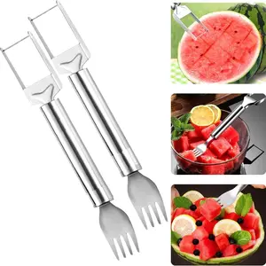 Watermelon Fork Slicer Cutter Slicer Tool, 2 - in - 1 Stainless Steel Fruit Cutter, Vegetable Fruit Cutter, Dual Head Fruit Forks Slicer Knife with Round Handle,Fruit Cutting Kitchen Utensils,Portable Stylish