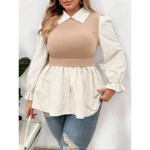 Plus Size Women's Casual Long Sleeve Shirt, Plain Woven Fabric, Fitted All Season Top, Comfortable Moderate Thick Material