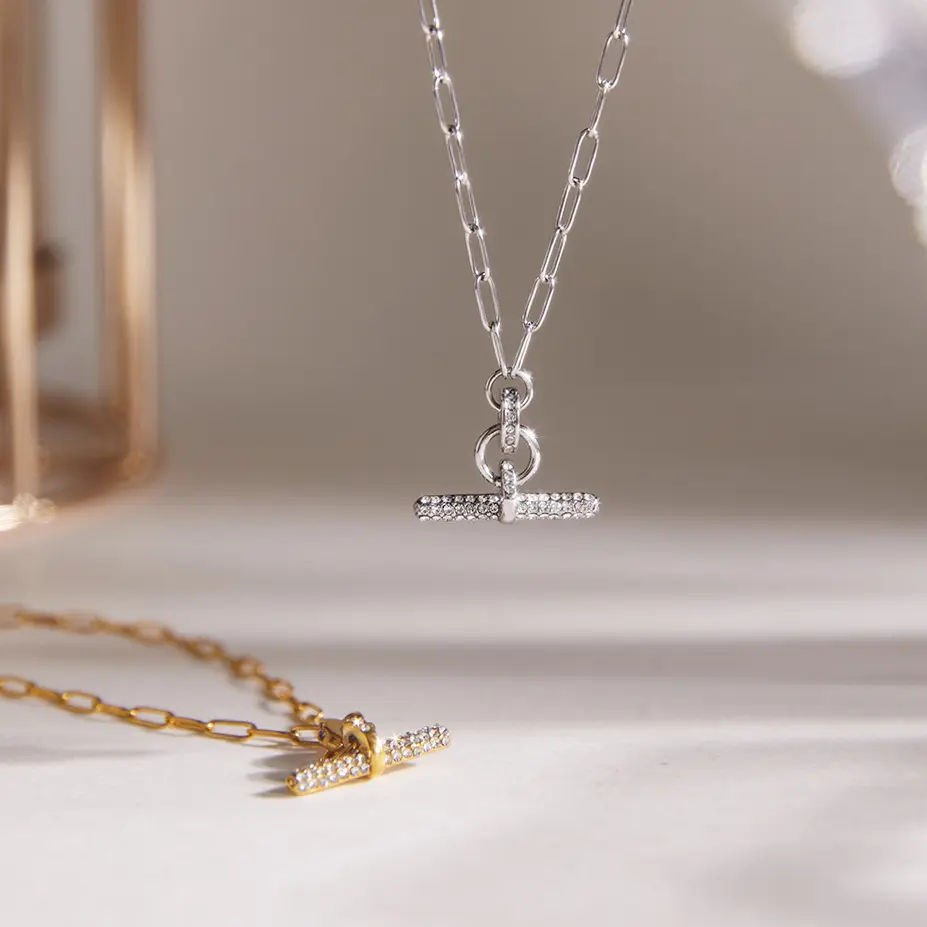 QUEENDO Pave-Stone Interlocked Toggle Pendant Necklace, Gold-Silver 2-Tone T-Bar Charm, Paperclip Link Chain, Geometric Minimalist Layered Neck Ornament, Daily-Party Stackable Jewelry Gift