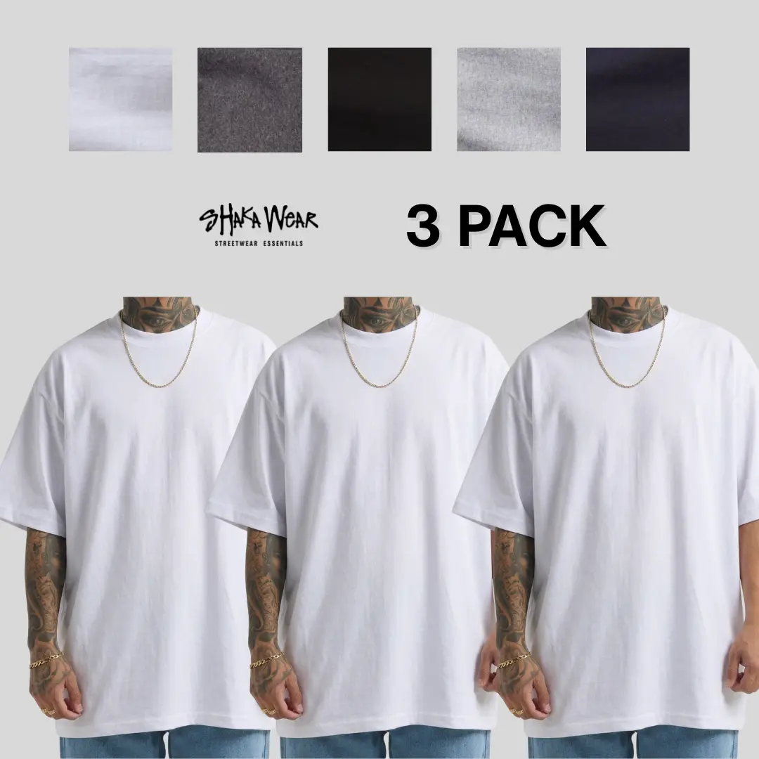 Shaka Wear Men's Max Heavyweight T-Shirts, 3-Pack 7.5oz Cotton Streetwear Top, Classic Boxy Fit Short Sleeve Crewneck, Tshirt, Apparel, Shortsleeve, Menswear, Retro