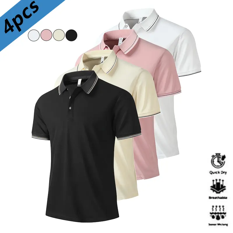 Men's 4-Piece Polo Shirts, Quick-Dry Polyester Short-Sleeve Athletic Activewear with Colorblock Collar for Golf, Tennis, Athletic Style Activewear