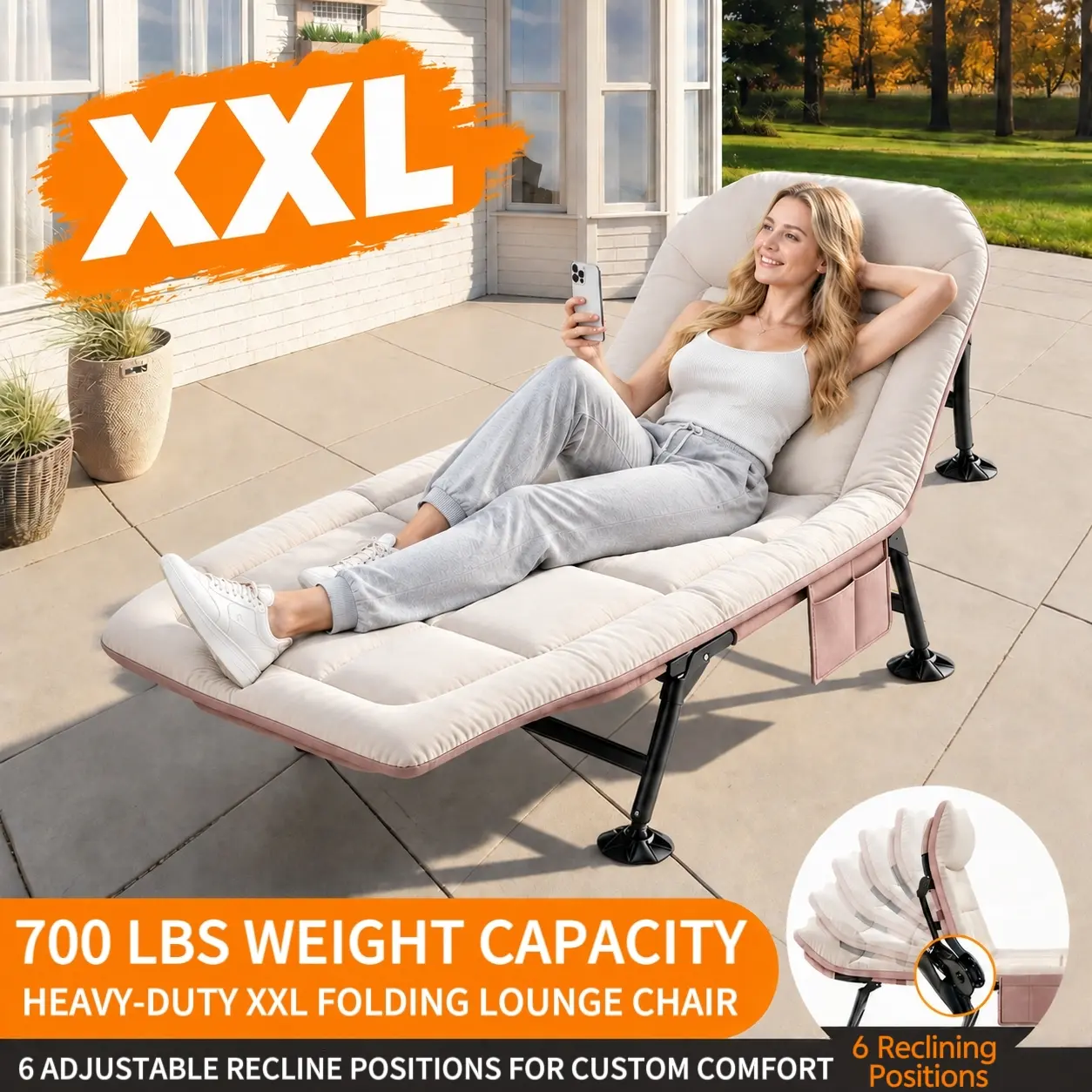 Oversized XXL Camping Cot for Adults, Extra Wide Folding Bed with Adjustable Reclining Positions, Lounge Chair with Thick Mattress & Pillow, 700 lbs Capacity