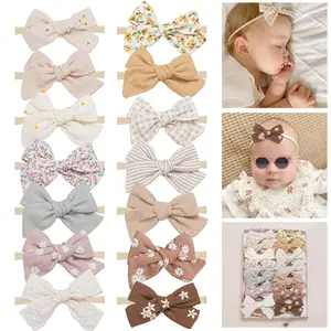 L-HDW023 Baby Girl Bows and Headbands,14 pcs Stretchy Soft Nylon Hairbands Hair Bows for Newborns, Infants, Toddlers - Handmade Baby Hair Accessories for Girls Gifts