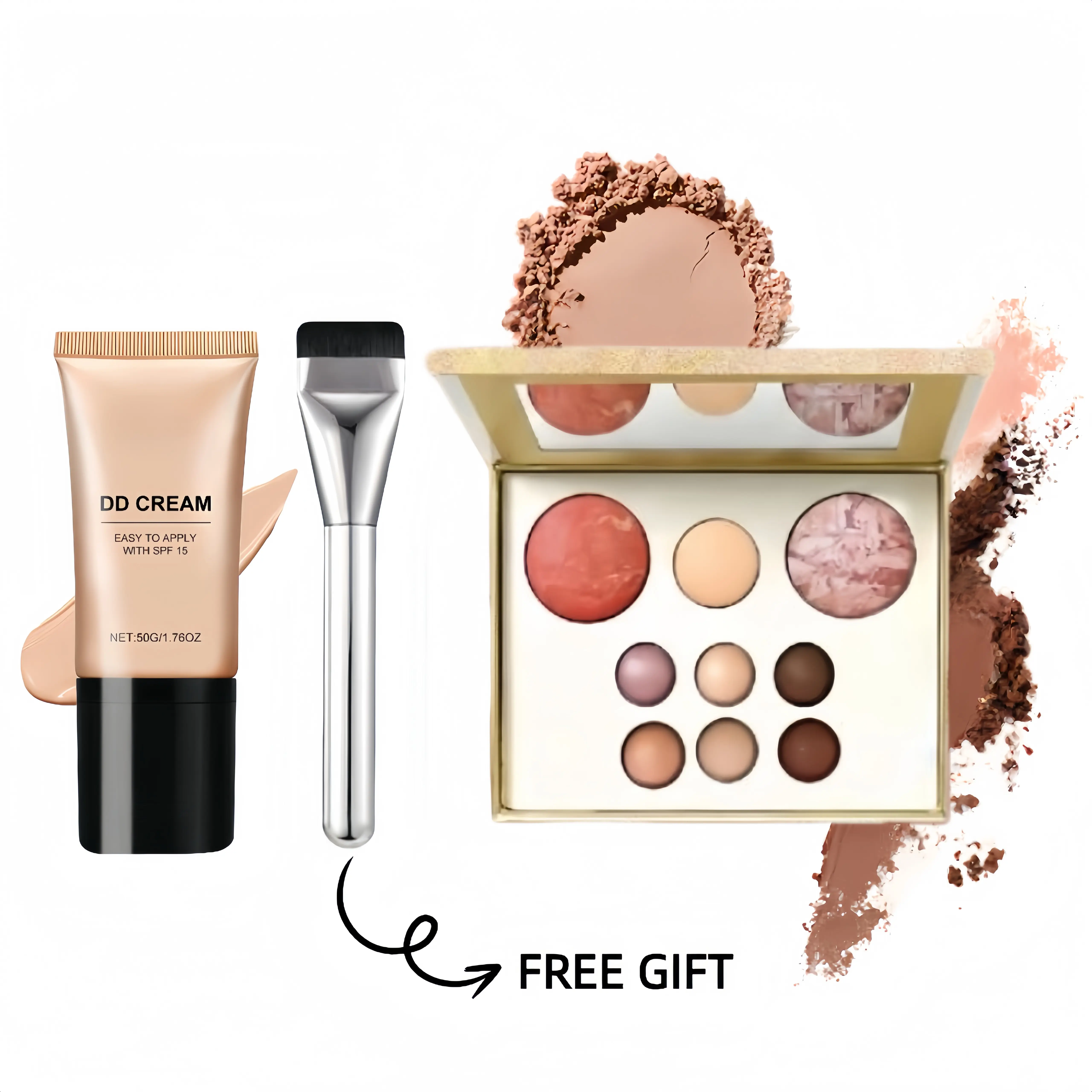 3-in-1 Daily Makeup Set - Breathable Formula Lightweight DD Cream (SPF 15), Ivory White Face Palette with Eyeshadow & Shimmer, Foundation Brush for Flawless Blend, Makeup Palette + Ivory White, Glowing Makeup Bronzer Brow