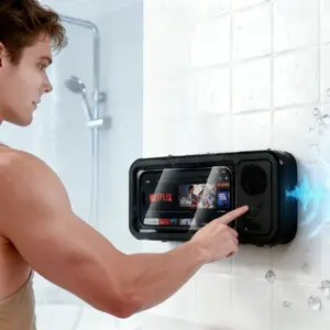Waterproof box speaker, bathroom waterproof 360 ° rotating touch screen, Bluetooth speaker, watch movies, listen to music, phone holder Bluetooth speaker audio shower TV holder, swimming pool, kitchen, bathroom, sink