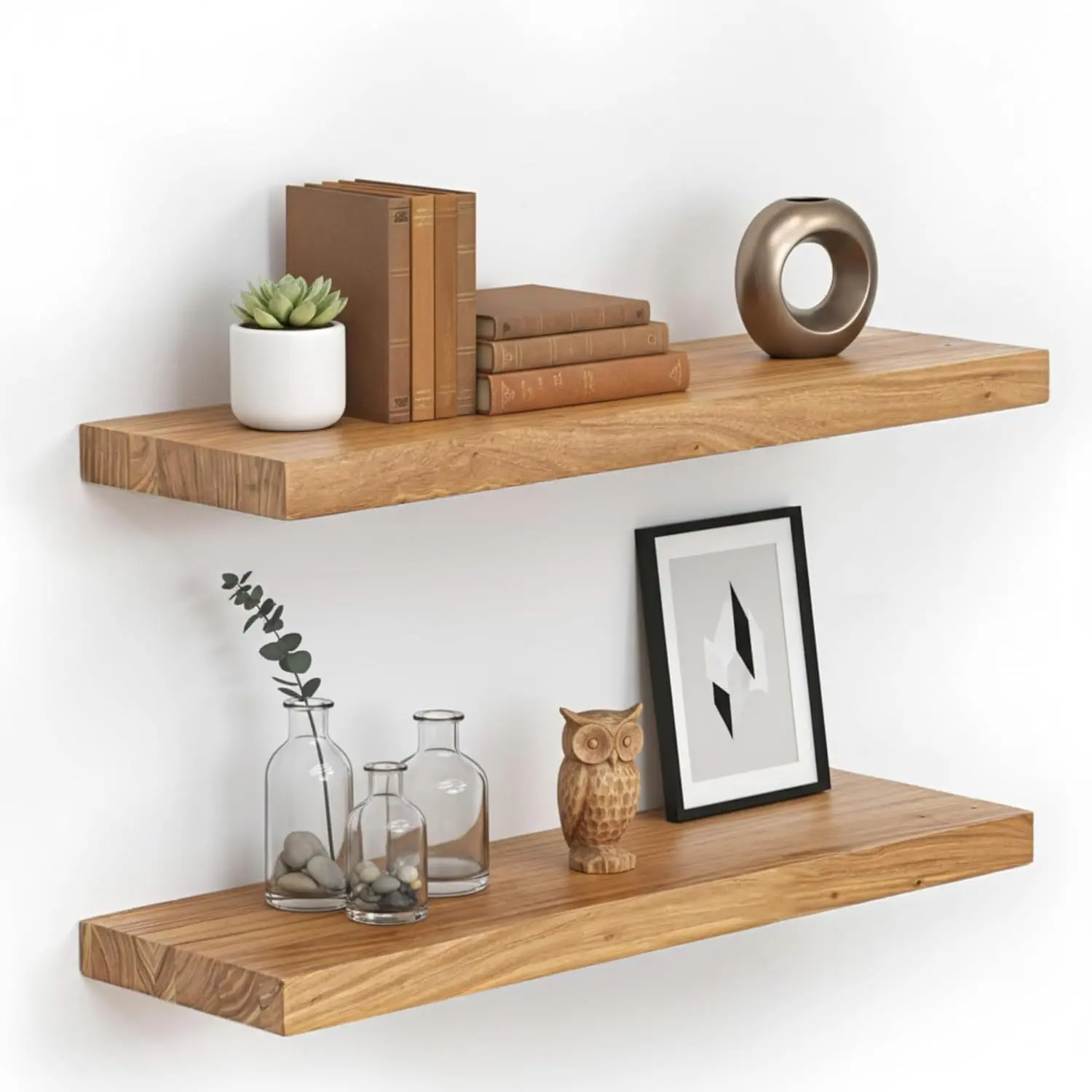 Rustic Wood Floating Shelves by [Brand] with Iron Hinges for Bathroom, Kitchen, Living Room - Set of 2, Durable 16.5 Inch Wall Mounted Decor