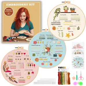 Beginner Embroidery Kit for Adults, 3 Pack Cross Stitch Kits with Pre-Printed Patterns, Threads, Needles, Learn Stitches with 7.8" Hoop, Video Tutorial, DIY Needlework Craft Gift for Women