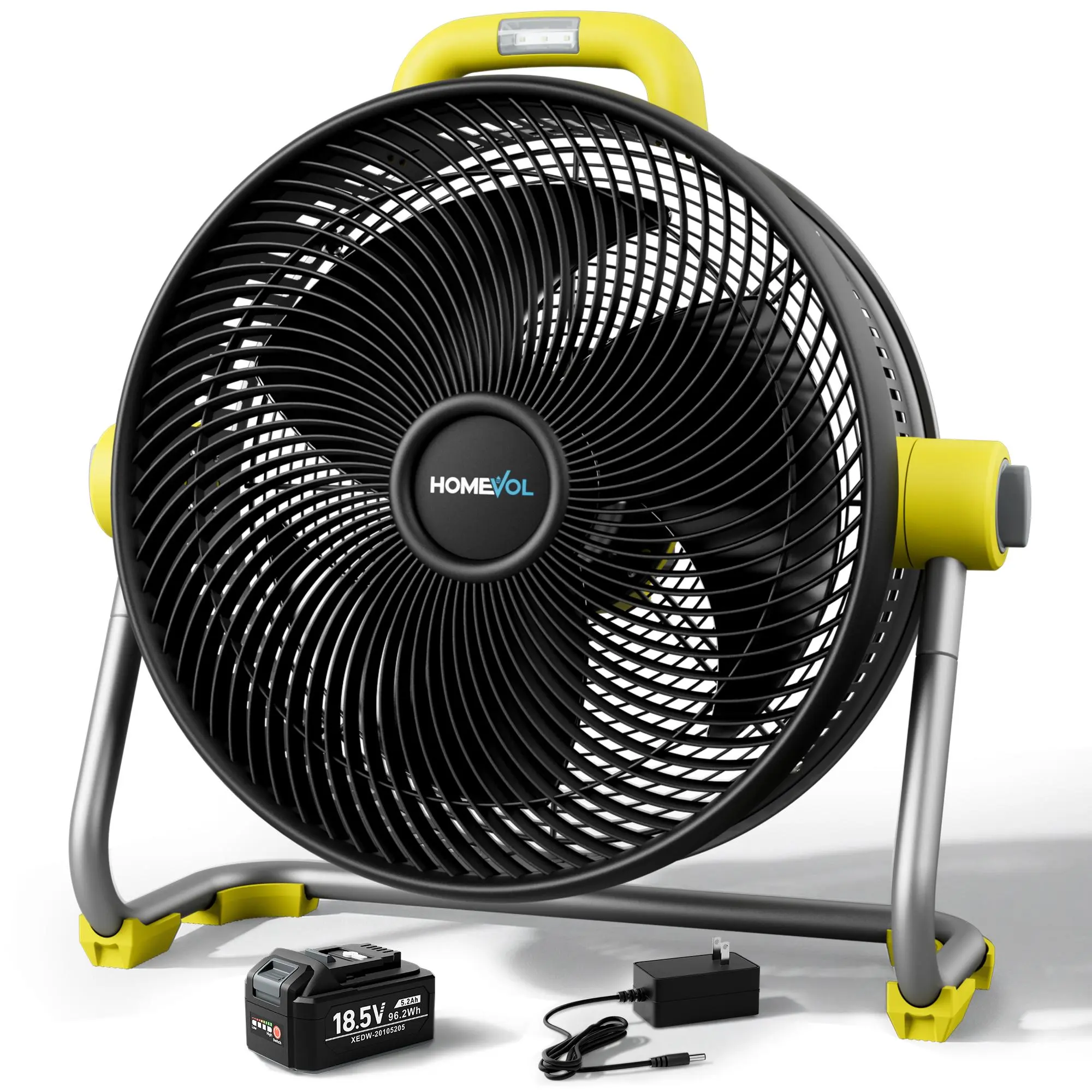 HOMEVOL 20-Inch Cordless Rechargeable Cooling Floor Fan - 18.5V 5.2Ah, 4000CFM Industrial Model (24.8x24.4"), 6-Speed, 180° Adjustable Tilt, Carry Handle, LED Light, Up to 30H, UL Listed, AC Backup Power, Garage-Ready Battery Powered Adjustable Fan