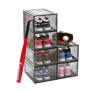 HIMO 6-pack Thicken & Sturdy Black Clear Drop-Front Shoe Boxes, Stackable Closet Organizer for Sneakers/Boots, Fits Men's Size 12 (13.5x10.5x7.4in) , Black