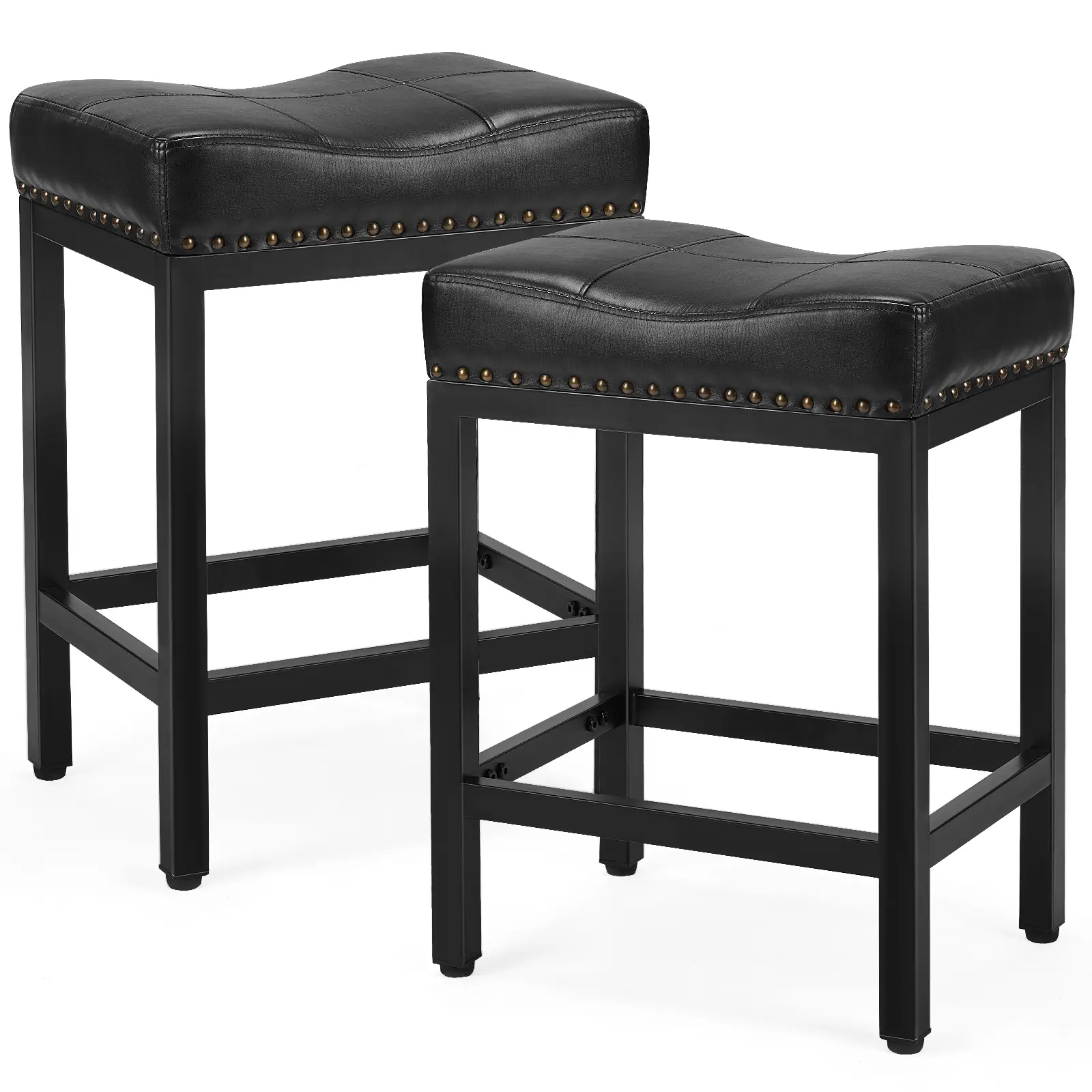 Furnest Set of 2 Backless 24-Inch Counter Height Saddle Barstools - PU Leather Durable Seat, Stable Metal Base, Easy Clean 2-Seat Home Bar Furniture for Indoor Kitchen Island