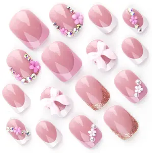 24 Pcs White French Tip Press-On Nails – Short Square Fake Nails with 3D Flower Bows, Pearl Rhinestones, Pink Spring Acrylic Nails, Full Cover Stick-On Nails for Women, Easter & Birthday Gifts