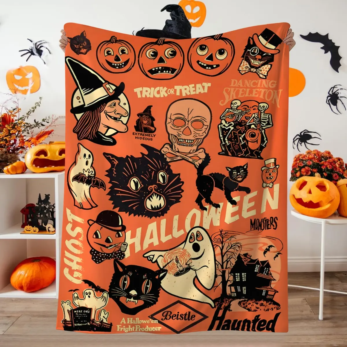 1pc retro style Halloween blanket, scary witch, ghost, pumpkin head printed flannel blanket, soft and comfortable blanket, Halloween gift blanket, Flannel Throw Blankets, Graphic Throw Blanket, Cozy Warm Blanket
