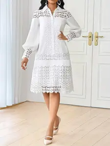 Lace Shirt Dress, Hollow Out Patchwork Midi Dress, Spring Summer, Elegant A-Line, Long Sleeve, Knee Length, Casual Office Wear