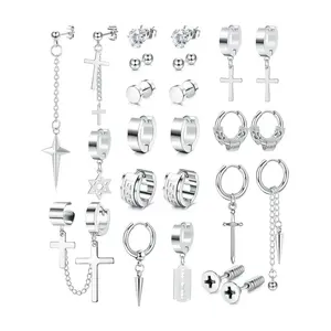 13 Pairs Earrings Set for Men Women Stainless Steel Stud Dangle Hoops Cross Earrings Fashion Silver Color
