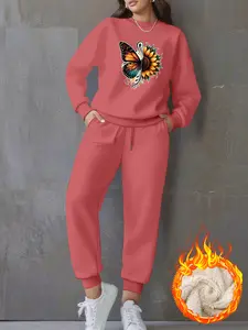 Women's Casual Sweatshirt Set, Butterfly & Sunflower Print, Round Neck Pullover, Long Pants Two-Piece, Fall Winter Fashion