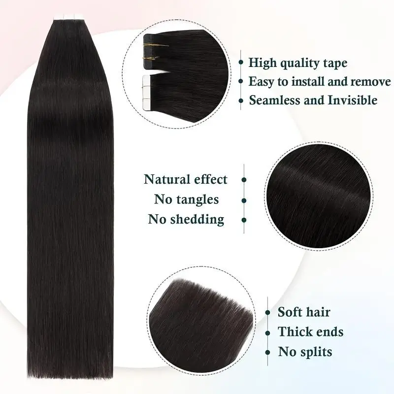 Tape-In Hair Extensions, Straight Remy Human Hair Seamless Wefts for Women, #1B Natural Black, 20 Pieces, 16-26 Inch, Straight Hair