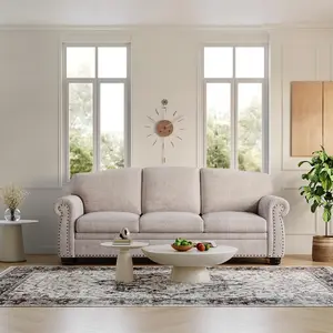 ONBRILL 90 Inch Nailhead Trim Couch for Living Room, 23 Inch Deep Seat Rolled Arm Sofa, Comfy Upholstered 3 Seater Chenille Couch w/Wooden Leg, Large Traditional Sofa for Farmhouse