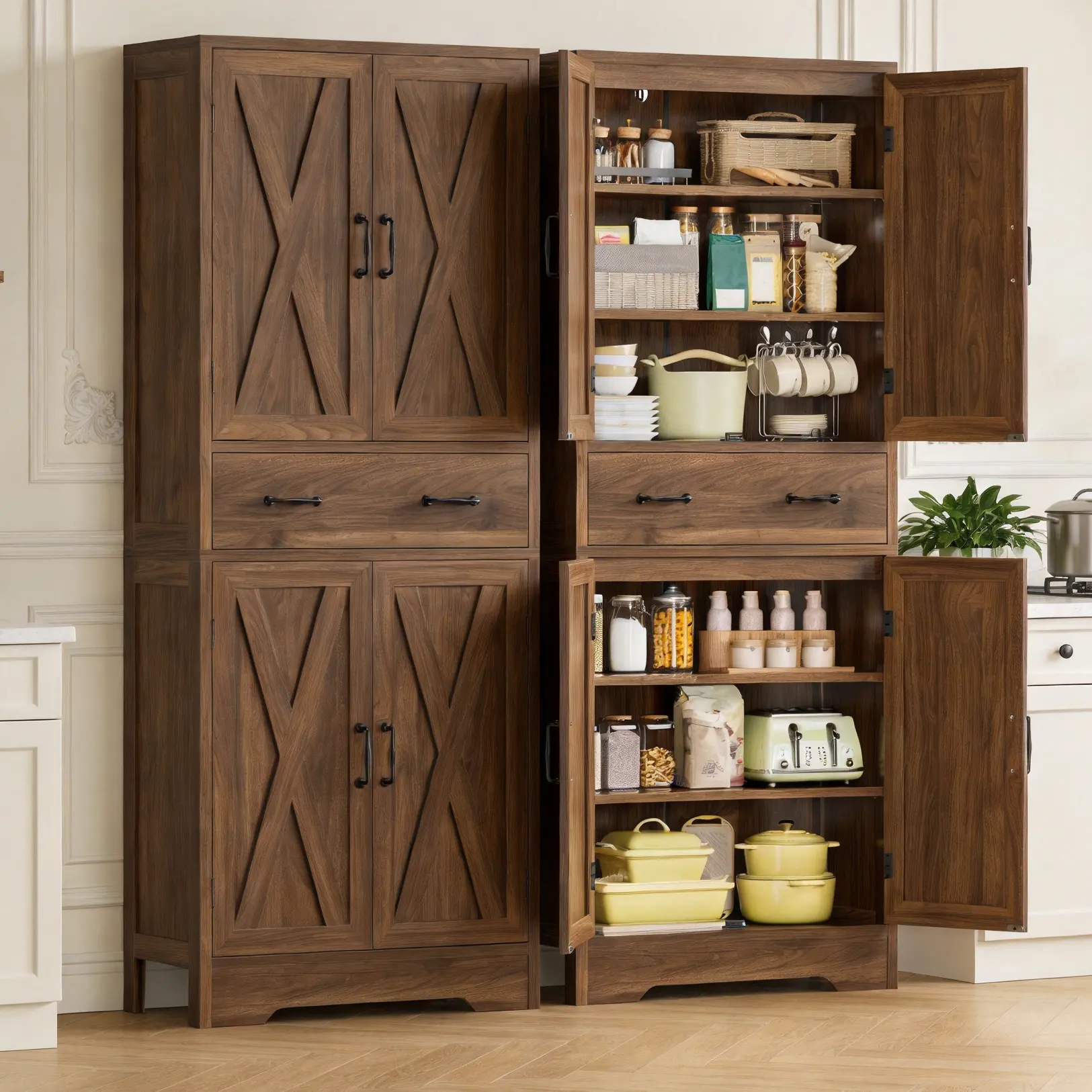 66.9" Farmhouse Tall Kitchen Pantry Cabinet, Freestanding Rustic Wood Cupboard with 4 Barn Doors, 1 Large Drawer & Adjustable Shelves for Kitchen, Dining Room Food Storage familyfun