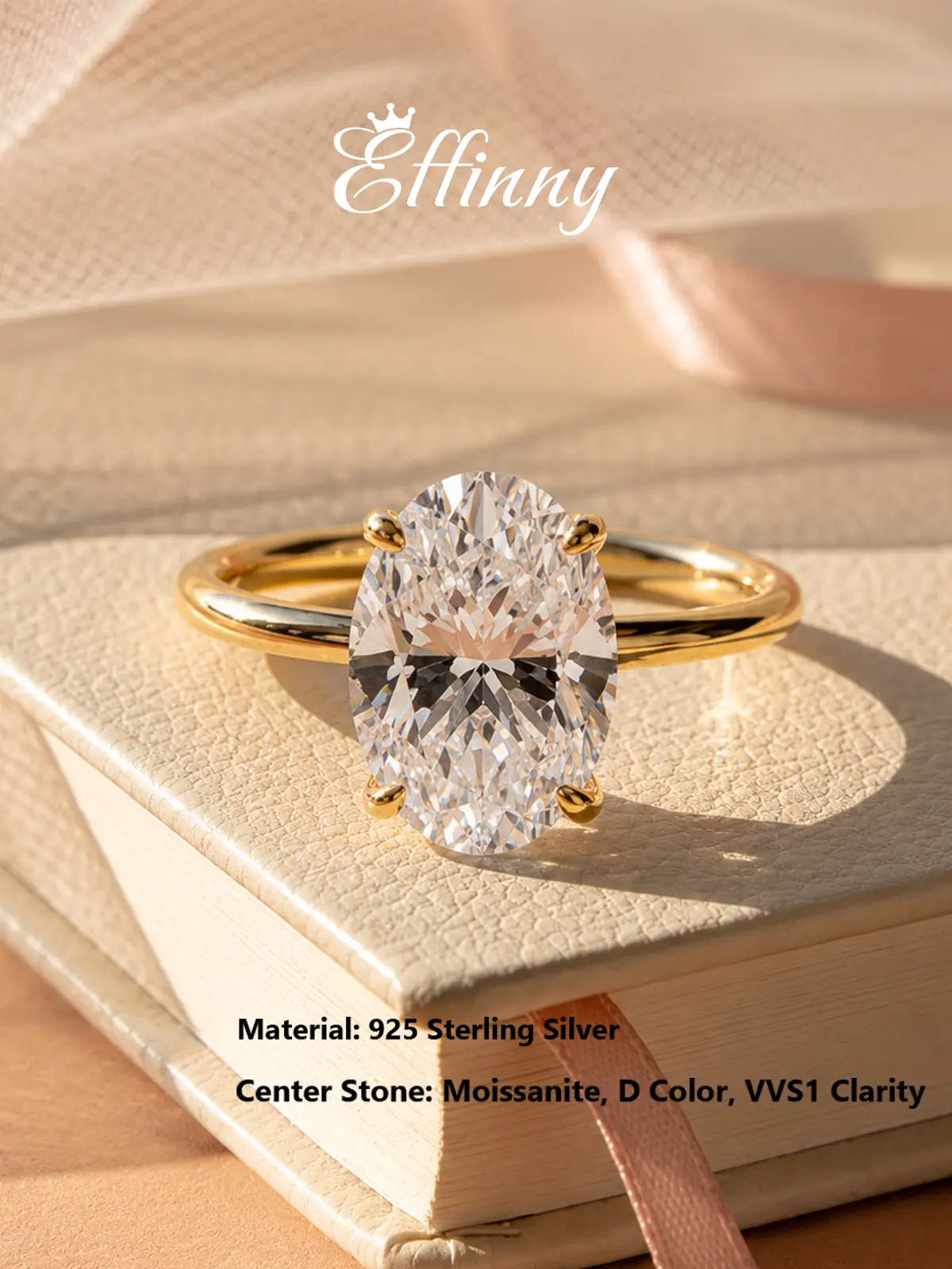 Effinny Female 3.0 Carat Excellent Oval Cut Elongated Solitaire Synthetic Moissanite Engagement Ring - 925 Sterling Base, 14K Yellow Gold Plated, D Color VVS1 Promise Jewelry for Women, Wedding