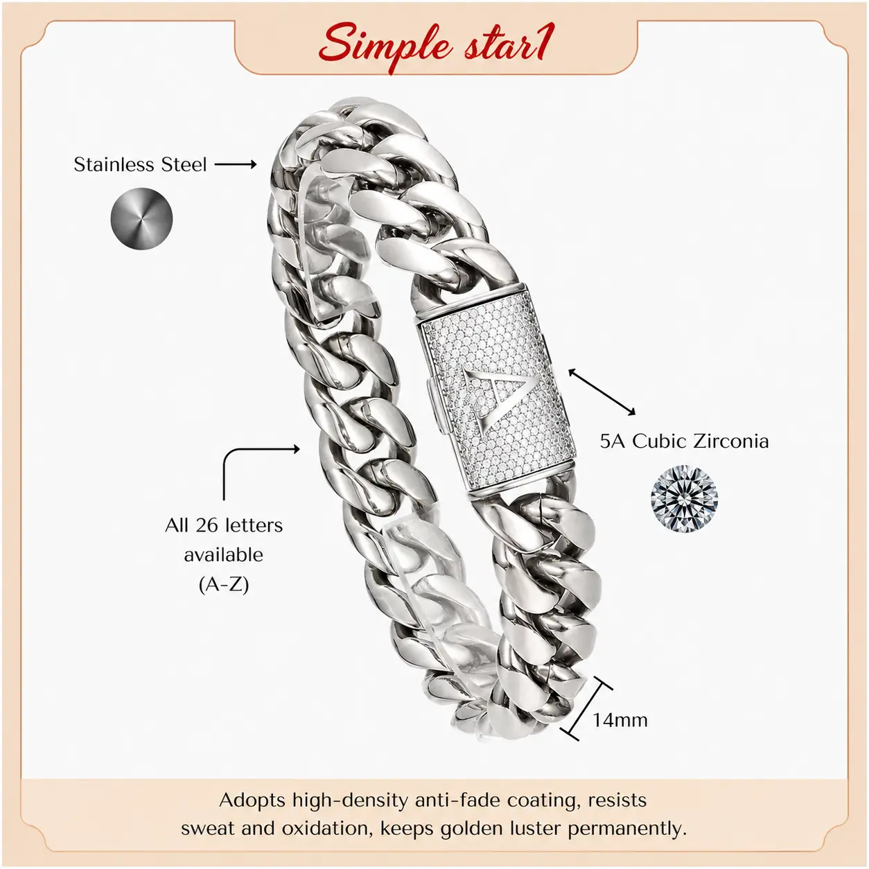 Personalized Silver Cuban Link Bracelet, 14MM Heavy Cuban Chain Bracelet with A-Z Initial Lock with Zircon  Men's Accessories, Beach Essentials, Chains for Men, Stainless Steel Hip HopFashion, Waterproof Anti Tarnish   Acrylic Mini   permanent    symbolic