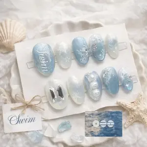 Ocean Blue Press On Nails Summer Beach Nails Handmade Starfish Pearl Glossy Fake Nails Mermaid Nails Vacation Nail Set Reusable