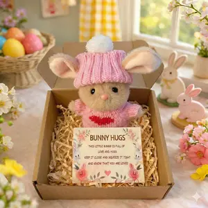 2026 Easter Handmade Mini Bunny Party Favor with Greeting Card, Soft Fabric Animal Decor in Box, Cute Festival Souvenir & Event Gift Set for Women Men, Mother's Day, Valentine's Day, Birthday Ornament