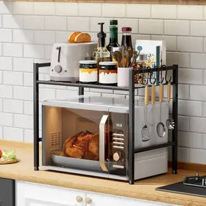 1pc,2 tier,Microwave rack,With kitchen utensil hooks,Bread maker, kitchen utensils and oven storage rack,Multifunctional space-saving metal storage rack,Kitchen countertop stand,Suitable for dining room, bathroom, living room