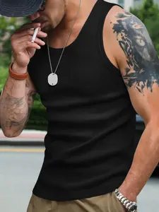 Men's Solid Racer Back Tank Top, Regular Fit Casual Breathable Scoop Neck Sleeveless Top for Daily Wear, Men's Clothes for All Seasons, Socks