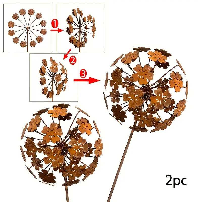2 pieces 3D Spherical Dandelion Garden Sculpture, Garden Sculptures Statues - Vintage-style Decorative Courtyard Decor Stake, Outdoor Hollow Metal Landscape Installation, The perfect gift for gardening enthusiasts, requires manual petal unfolding