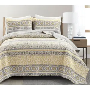 Nesco Stripe Reversible Cotton Quilt Yellow/Gray 3Pc Set King