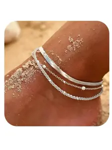 Silver Ankle Bracelets for Women,Dainty Layered Waterproof Anklet for Women Adjustable Sparkly Herringbone Beaded Rope Chain Set Stackable Cute Elegant Fashion Accessories Summer Beach Jewelry Gift