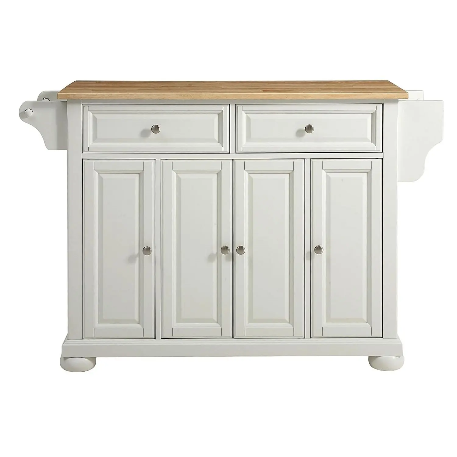 White Wood Kitchen Island Storage Cabinet with Solid Wood Top, 18x52x34h in, Adjustable Design, Raised Panels, Natural Finish, Deep Drawers, Removable Locking Casters, with Wheel