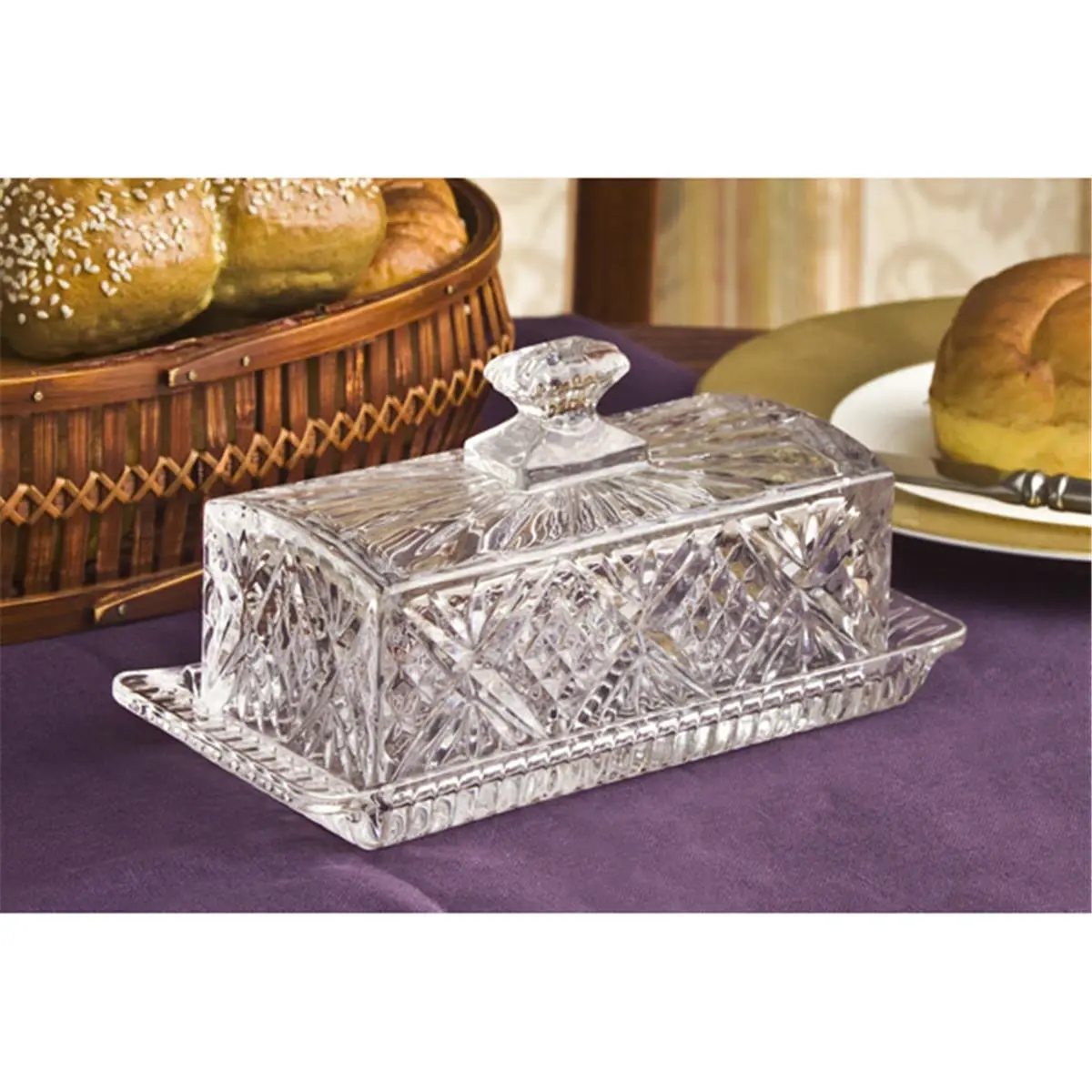 212 MAIN Godinger Dublin Crystal Covered Butter Dish with Glass Covered Lid - Handcrafted Wedding Gift for Kitchenware Use