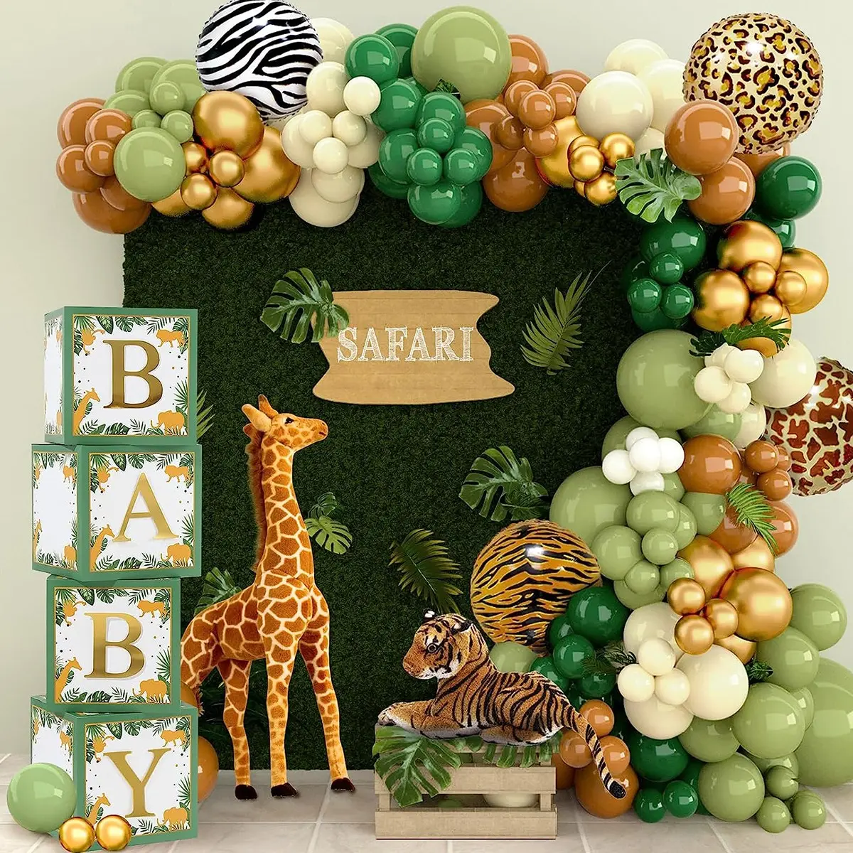 119pcs Wild Green Safari Jungle Theme Latex Balloons Garland Arch Kit for First Birthday, Babyshower, Anniversary, Celebrations, Party Balloons Decorations, Party Decoration Balloon Arch Set