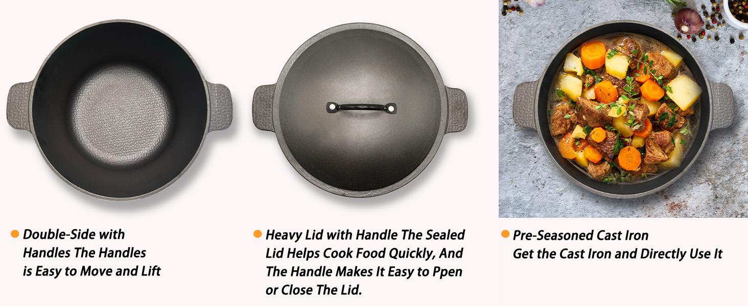 5.2QT Cast Iron Dutch Oven with Lid, Oven Safe up to 500°F, for Bread Baking, Braising, Stewing, and Roasting, Cookware Kitchen