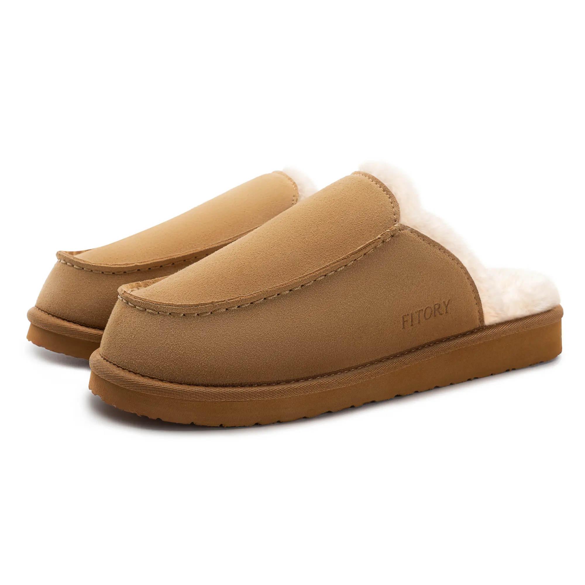 FITORY Men's Furry Collar Scuff Slippers, Suede Slip On House Shoes, Thick Plush Warm Non-Slip for Indoor Relaxing