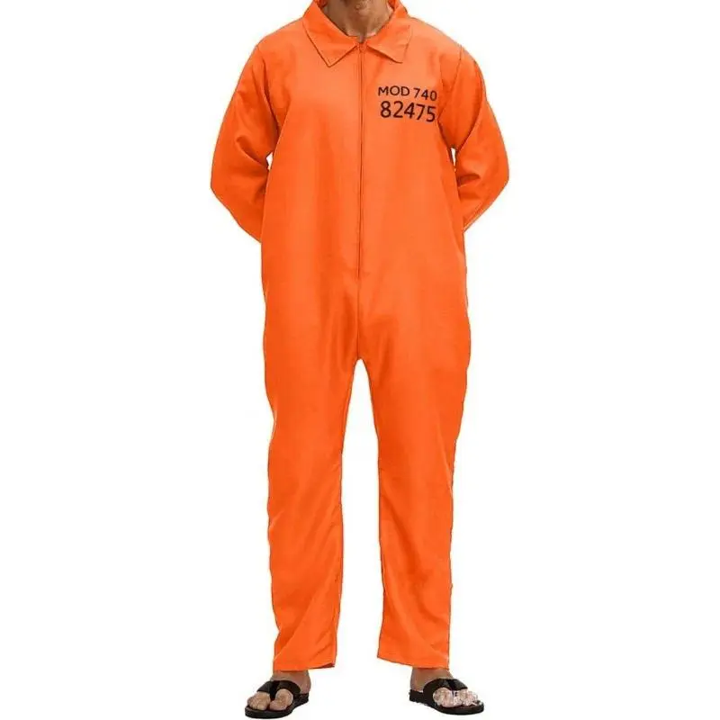 Adult Inmate Costume Halloween Prisoner Cosplay Jumpsuit Lapel Long Sleeve One Piece Unitard Men Orange Prisoner Jail Uniform