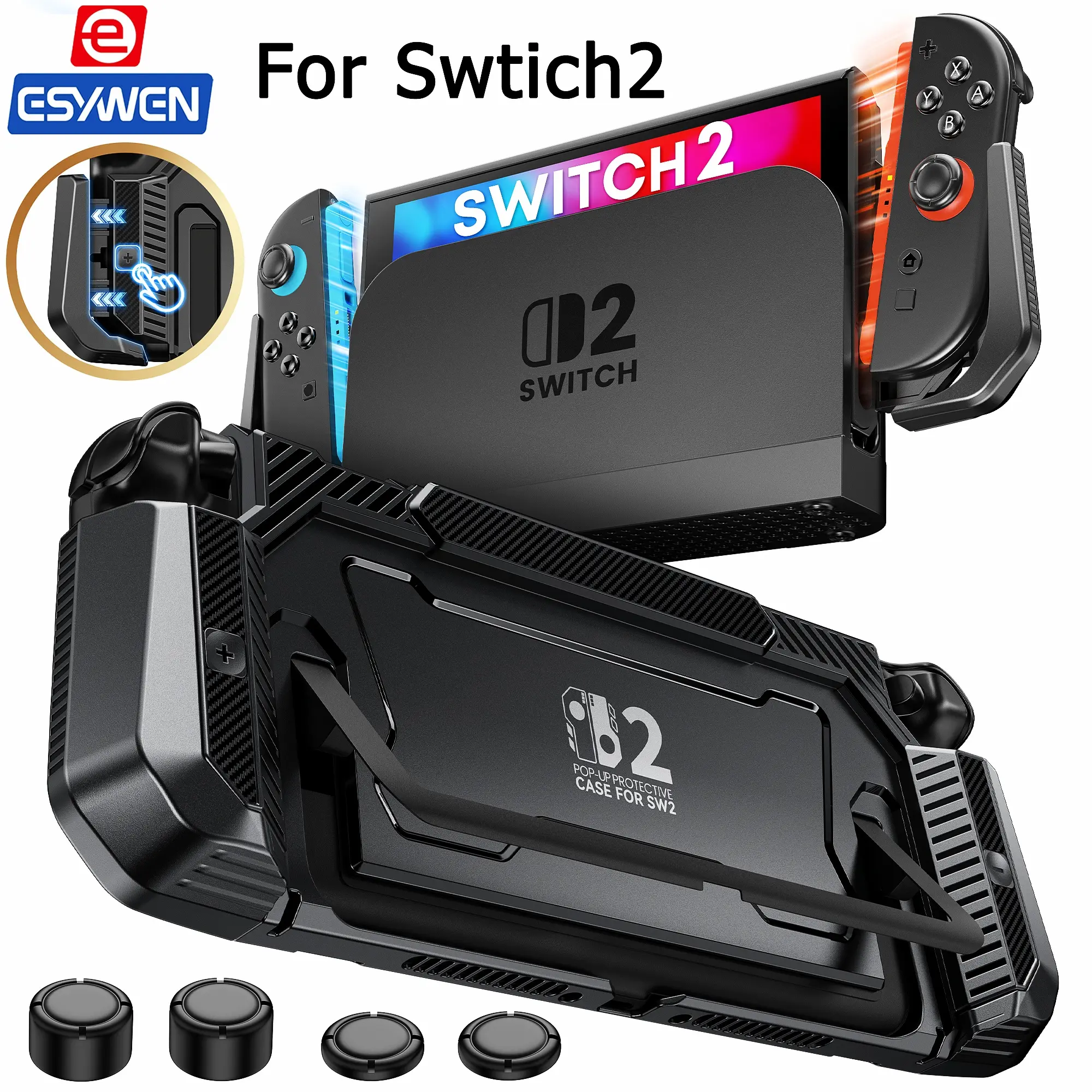 ESYWEN for Nintendo Switch 2 Case Exclusive Pop-up 1-Click Joy-Con Release Kickstand Compatible Military-Grade Protection Dockable Ergonomic Grip Cover Accessories for Travel Shockproof Scratch-Resistant