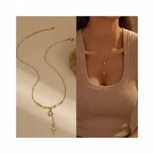 Gold Plated Star Cross Lariat Necklace Y Chain Dainty Layering Necklace for Women