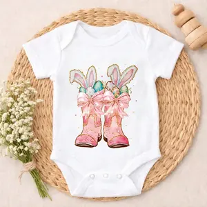 Baby Bodysuit Romper Pink Boots Bunny Ears Easter Eggs Baby Set Easy Match Infant Romper Newborn Gift Soft Unisex Romper Gift Set for Coming Home, Birthday & Baby Shower 0-24M