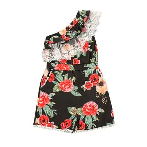 Kids Little Girl Summer Clothes Flower Oblique Shoulder Jumpsuit Romper Shorts Patchwork Lace Embroidery with Pockets