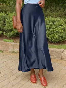 Women's Solid High Waist Satin Flared Skirt, Elegant Fashion Long Skirt for Party Dating Wear, Ladies Bottoms for All Seasons Womenswear