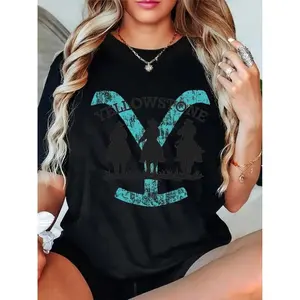 Yellowstone Graphic Tee for Women 180g Black Cotton Crewneck Shortsleeve T-Shirt Western Cowboy Silhouette Design Casual Lightweight Summer Womenswear Fitted Tops Tshirt Streetwear