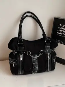 Fashion Large Capacity Women's Handbag Motorcycle Style Dark Color Bag, College Student Match, Stylish and Spacious Shoulder Bag, Elegant Commuter Bag